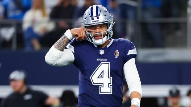 Dallas Cowboys quarterback Dak Prescott (4) reacts during the game against the Detroit Lions at AT&T Stadium.