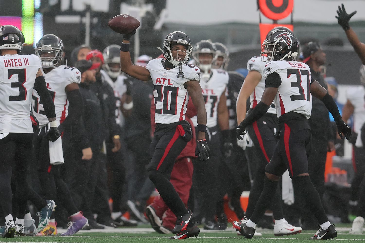 Dec 3, 2023; East Rutherford, New Jersey, USA; Atlanta Falcons cornerback Dee Alford (20) celebrates a fumble recovery against the New York Jets during the second quarter at MetLife Stadium. Mandatory Credit: Brad Penner-USA TODAY Sports  