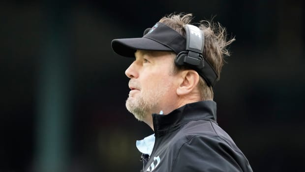 Feb 18, 2023; Arlington, TX, USA; Arlington Renegades head coach Bob Stoops stands on the sidelines during the first half against the Vegas Vipers at Choctaw Stadium. Mandatory Credit: Raymond Carlin III-USA TODAY Sports  