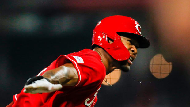 Jun 7, 2023; Cincinnati, Ohio, USA; Cincinnati Reds left fielder Will Benson (30) reacts after hitting a walk-off, two-run home run in the ninth inning against the Los Angeles Dodgers at Great American Ball Park. Mandatory Credit: Katie Stratman-USA TODAY Sports  
