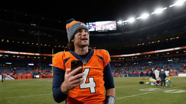 Denver Broncos quarterback Jarrett Stidham (4) after the game against the Los Angeles Chargers at Empower Field at Mile High.