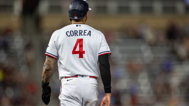 Aug 24, 2023; Minneapolis, Minnesota, USA; Minnesota Twins shortstop Carlos Correa (4) looks on against the Texas Rangers in the eighth inning at Target Field. Mandatory Credit: Jesse Johnson-USA TODAY Sports