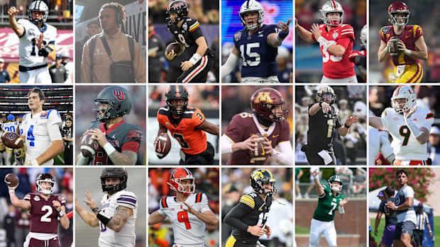 Top row: Max Brosmer, Jadyn Davis, Billy Edwards Jr., Drew Allar, Devin Brown, Miller Moss. Middle row: Ethan Garbers, Dillon Gabriel, Aidan Chiles, Athan Kaliakmanis, Hudson Card, Tyler Van Dyke. Bottom row: Will Rogers, Brendan Sullivan, Luke Altmyer, Cade McNamara, Kurtis Rourke, Dylan Riaola. 