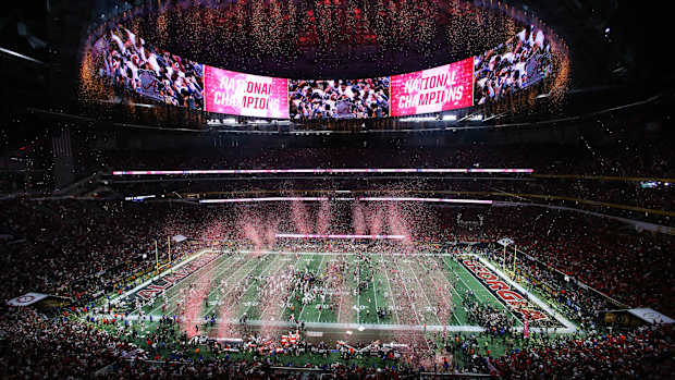 View of the confetti falling as Alabama Crimson Tide wins the game in overtime against the Georgia Bulldogs in the 2018 CFP national championship college football game at Mercedes-Benz Stadium. 