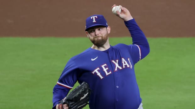 Oct 23, 2023; Houston, Texas, USA; Texas Rangers pitcher Jordan Montgomery (52) throws during the fifth inning of game seven in the ALCS against the Houston Astros for the 2023 MLB playoffs at Minute Maid Park. Mandatory Credit: Erik Williams-USA TODAY Sports