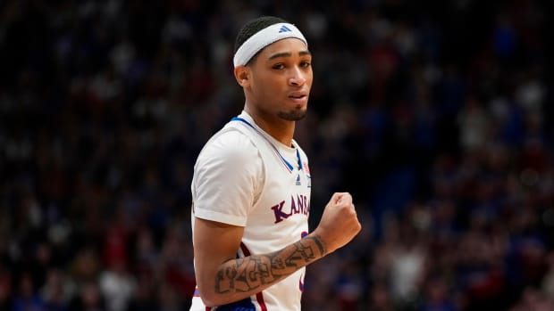 Jan 6, 2024; Lawrence, Kansas, USA; Kansas Jayhawks guard Dajuan Harris Jr. (3) celebrates after scoring late in the second half against the TCU Horned Frogs at Allen Fieldhouse.