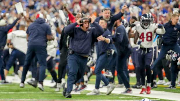 Indianapolis Colts running back Tyler Goodson (31) lies on the turf after missing a catch on fourth down Saturday, Jan. 6, 2024, during a game against the Houston Texans at Lucas Oil Stadium in Indianapolis.  