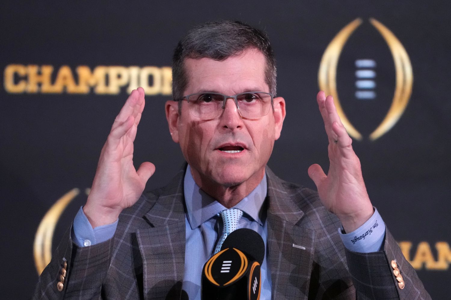 Jan 7, 2024; Houston, TX, USA; Michigan Wolverines coach Jim Harbaugh at the CFP National Championship Head Coaches press conference at JW Marriot Houston by the Galleria. Mandatory Credit: Kirby Lee-USA TODAY Sports