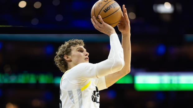 Jan 6, 2024; Philadelphia, Pennsylvania, USA; Utah Jazz forward Lauri Markkanen (23) shoots the ball against the Philadelphia 76ers during the fourth quarter at Wells Fargo Center. Mandatory Credit: