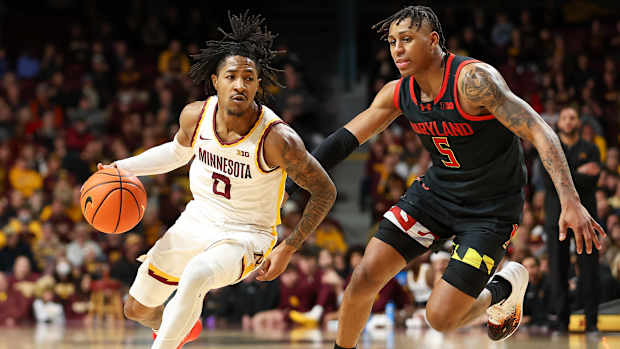 Elijah Hawkins drives against Maryland
