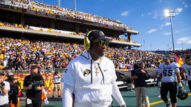 Colorado Buffaloes head coach Deion Sanders against the Arizona State Sun Devils at Mountain America Stadium