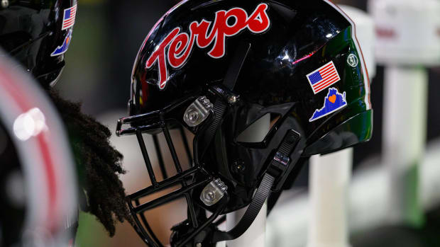 Sep 15, 2023; College Park, Maryland, USA; Detailed view of a Maryland Terrapins helmet during the game between the Maryland Terrapins and the Virginia Cavaliers at SECU Stadium. Mandatory Credit: Reggie Hildred-USA TODAY Sports