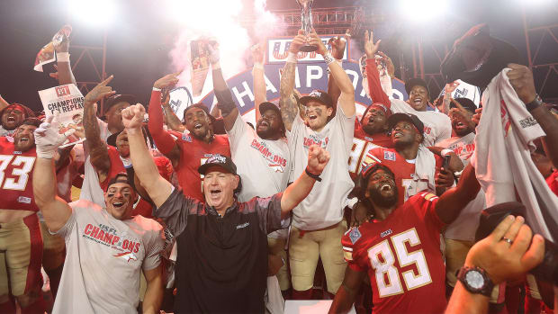 The Birmingham Stallions celebrate after beating the Pittsburgh Maulers for the USFL championship at Tom Benson Hall of Fame Stadium in Canton, Saturday, July 1, 2023.  