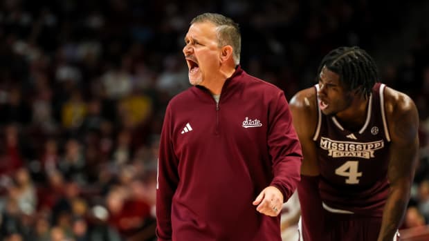 Mississippi State Bulldogs head coach Chris Jans disputes a call against the South Carolina Gamecocks in the first half at Colonial Life Arena.