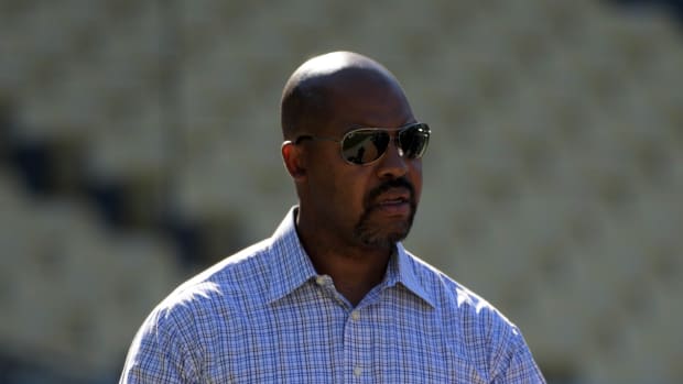 Jul 20, 2017; Los Angeles, CA, USA; Atlanta Braves special assistant to the general manager Bo Porter reacts during a MLB baseball game against the Los Angeles Dodgers at Dodger Stadium. Mandatory Credit: Kirby Lee-USA TODAY Sports  