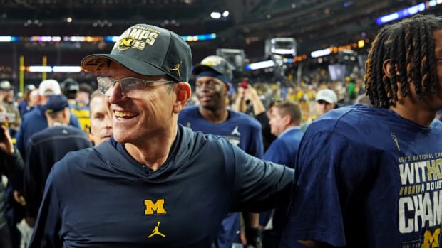Jan 8, 2024; Houston, TX, USA; Michigan Wolverines head coach Jim Harbaugh celebrates after beating the Washington Huskies in the 2024 College Football Playoff national championship game at NRG Stadium