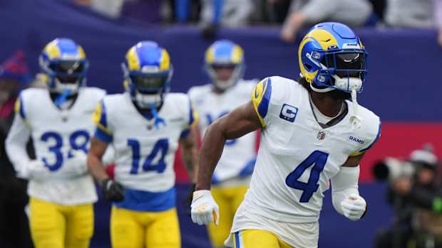 East Rutherford, NJ December 31, 2023 -- Former Old Tappan player Jordan Fuller of the Rams on the field during pre-game warmups. The New York Giants host the Los Angeles Rams on December 31, 2023, at MetLife Stadium in East Rutherford, NJ.