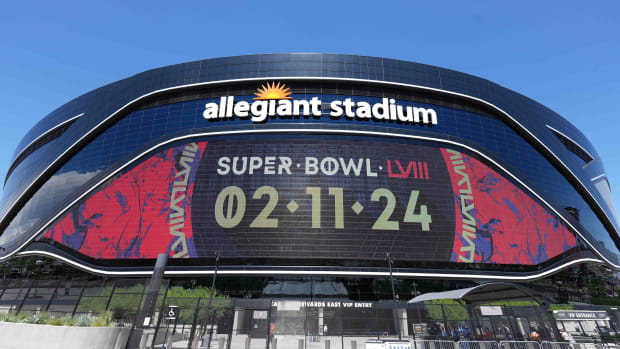 Aug 13, 2023; Paradise, Nevada, USA; The Super Bowl LVIII (Super Bowl 58 logo) on the Allegiant Stadium marquee. Mandatory Credit: Kirby Lee-USA TODAY Sports