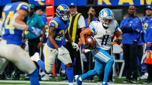 Detroit Lions wide receiver Kalif Raymond (11) runs against Los Angeles Rams after making a catch during the second half at the SoFi Stadium in Inglewood, Calif. on Sunday, Oct. 24, 2021.