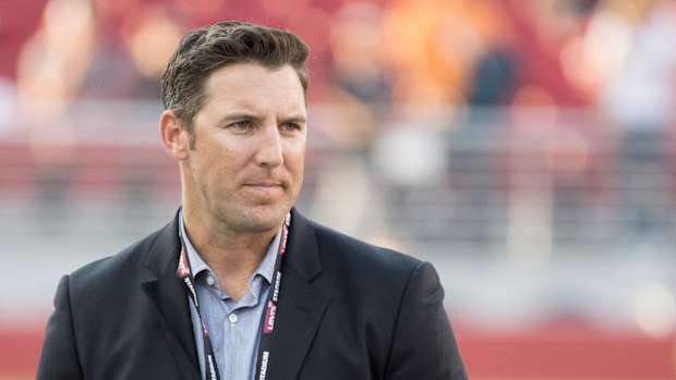August 19, 2017; Santa Clara, CA, USA; San Francisco 49ers vice president of player personnel Adam Peters before the game against the Denver Broncos at Levi's Stadium. The Broncos defeated the 49ers 33-14.