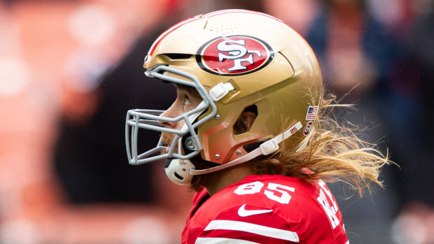 Oct 15, 2023; Cleveland, Ohio, USA; San Francisco 49ers tight end George Kittle (85) wears a Vicis Zero2 Trench helmet during warmups before the game against the Cleveland Browns at Cleveland Browns Stadium. Mandatory Credit: Scott Galvin-USA TODAY Sports  