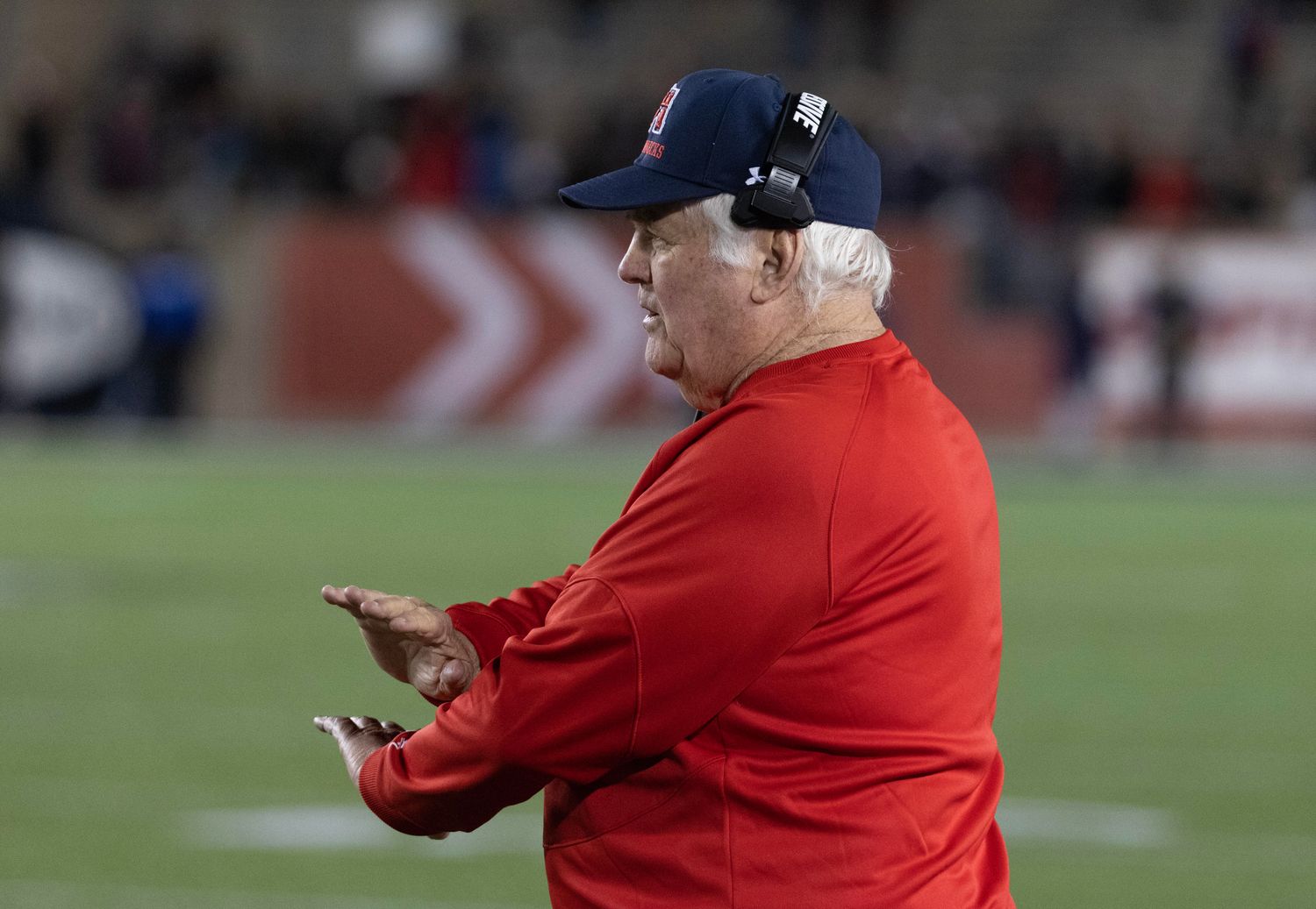 Feb 18, 2023; Houston, TX, USA; Houston Roughnecks head coach Wade Phillips declines a holding penalty in the fourth quarter against the Orlando Roughnecks at TDECU Stadium. Mandatory Credit: Thomas Shea-USA TODAY Sports  