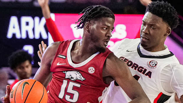 Razorbacks Makhi Mitchell drives against Georgia