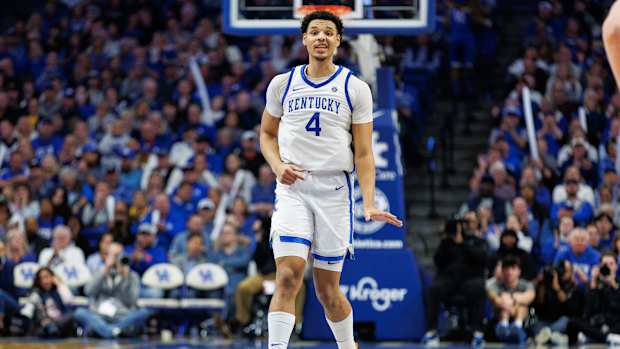 Jan 9, 2024; Lexington, Kentucky, USA; Kentucky Wildcats forward Tre Mitchell (4) celebrates during the second half against the Missouri Tigers at Rupp Arena at Central Bank Center. Mandatory Credit: Jordan Prather-USA TODAY Sports