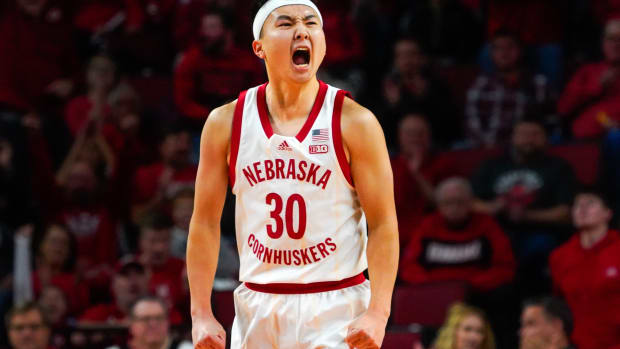 Jan 3, 2024; Lincoln, Nebraska, USA; Nebraska Cornhuskers guard Keisei Tominaga (30) celebrates after a 3-pointer against the Indiana Hoosiers during the first half at Pinnacle Bank Arena. 