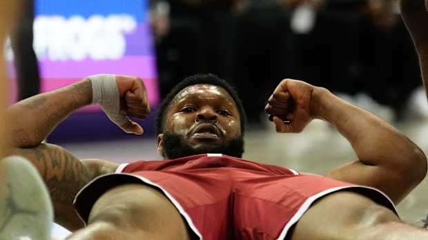 Jan 10, 2024; Fort Worth, Texas, USA; Oklahoma Sooners forward John Hugley IV (1) celebrates after scoring a basket against the TCU Horned Frogs during the second half at Ed and Rae Schollmaier Arena. Mandatory Credit: Chris Jones-USA TODAY Sports  