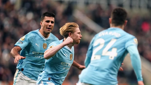 Kevin De Bruyne pictured (center) celebrating after scoring for Manchester City in a 3-2 win at Newcastle in January 2024