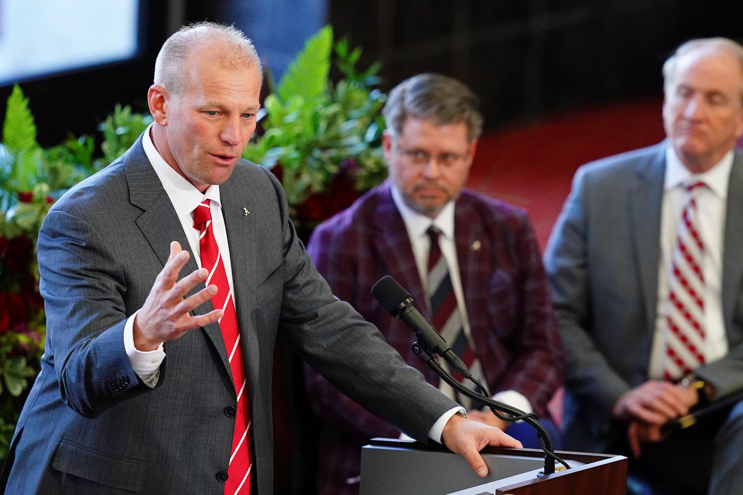 Jan 13, 2024; Tuscaloosa, AL, USA; Kalen DeBoer speaks after being introduced as the University of Alabama new head football coach during a press conference in the North end zone at Bryant-Denny Stadium.