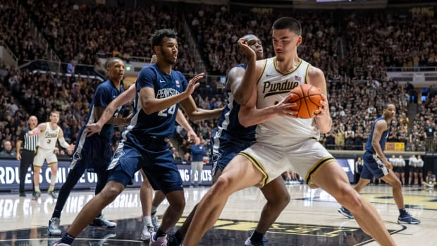 Purdue center Zach Edey works inside against the Penn State Nittany Lions in a Big Ten men's basketball game at Mackey Arena.