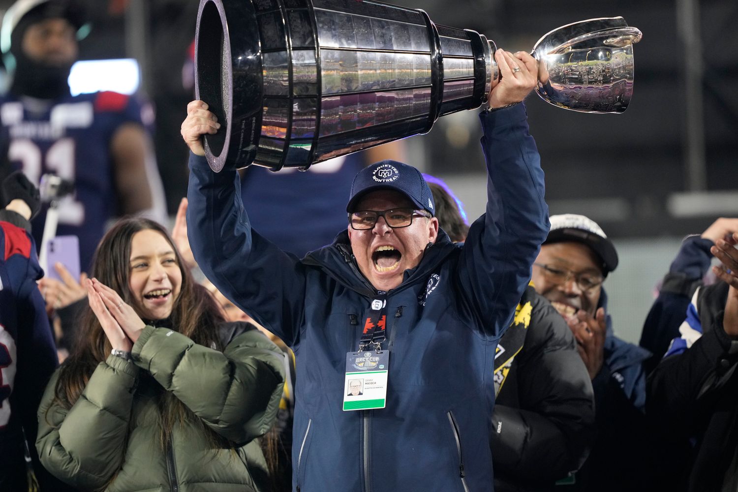 Nov 19, 2023; Hamilton, Ontario, CAN; Montreal Alouettes general manager Danny Maciocia hoists the Grey Cup after winning the 110th Grey Cup against the Winnipeg Blue Bombers at Tim Hortons Field. Mandatory Credit: John E. Sokolowski-USA TODAY Sports  
