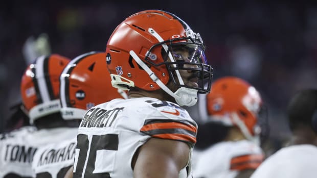 Jan 13, 2024; Houston, Texas, USA; Cleveland Browns defensive end Myles Garrett (95) looks up on the sideline in a 2024 AFC wild card game against the Houston Texans at NRG Stadium. Mandatory Credit: Troy Taormina-USA TODAY Sports