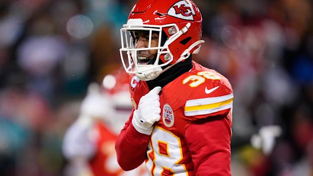 Jan 13, 2024; Kansas City, Missouri, USA; Kansas City Chiefs cornerback L'Jarius Sneed (38) reacts against the Miami Dolphins during the first half of the 2024 AFC wild card game at GEHA Field at Arrowhead Stadium. Mandatory Credit: Jay Biggerstaff-USA TODAY Sports  