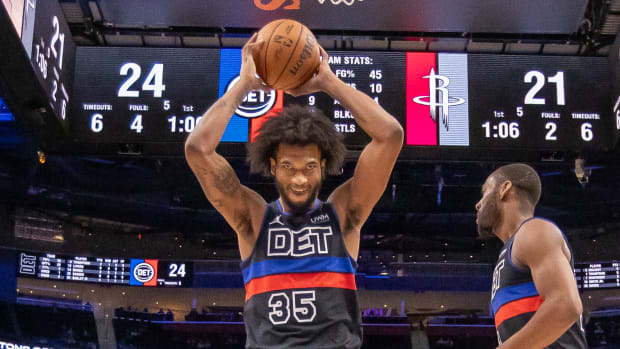 Jan 12, 2024; Detroit, Michigan, USA; Detroit Pistons forward Marvin Bagley III (35) grabs the ball after a Houston Rockets basket during the first half at Little Caesars Arena. Mandatory Credit: David Reginek-USA TODAY Sports