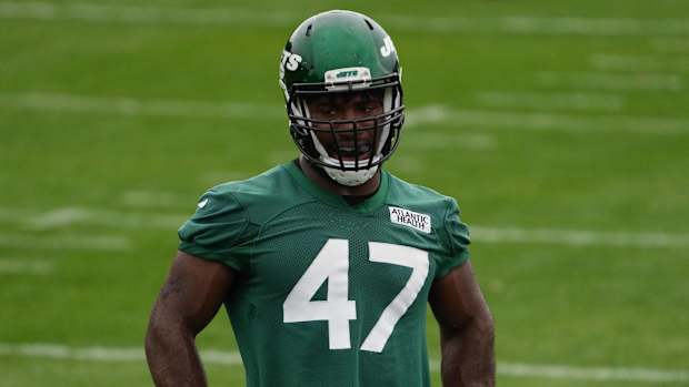 Oct 8, 2021; Ware, England, United Kingdom; New York Jets defensive end Bryce Huff (47) during a practice at the Manor Marriott Hotel and Country Club.