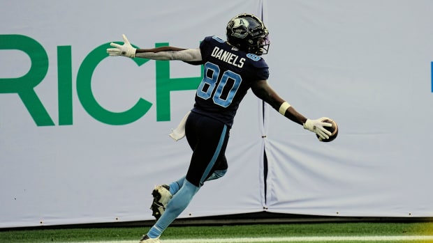 Nov 13, 2022; Toronto, Ontario, CAN; Toronto Argonauts wide receiver DaVaris Daniels (80) celebrates scoring a touchdown against the Montreal Alouettes during the first half at BMO Field. Mandatory Credit: John E. Sokolowski-USA TODAY Sports