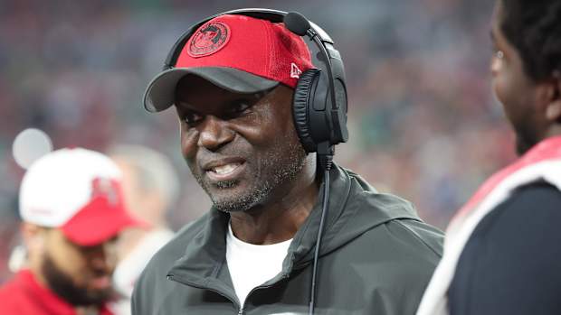 Jan 15, 2024; Tampa, Florida, USA; Tampa Bay Buccaneers head coach Todd Bowles reacts during the first half of a 2024 NFC wild card game against the Philadelphia Eagles at Raymond James Stadium. Mandatory Credit: Kim Klement Neitzel-USA TODAY Sports