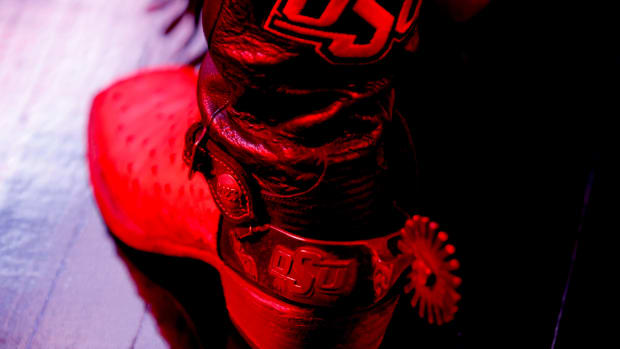 Pistol Pete stands on the court before a women's college basketball game between the Oklahoma State Cowgirls (OSU) and the Texas Tech Lady Raiders at Gallagher-Iba Arena in Stillwater, Okla., Wednesday, Jan. 10, 2024. Oklahoma State won 71-58.  