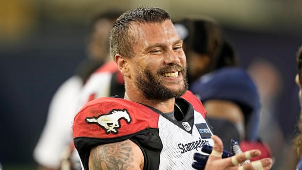 Aug 20, 2022; Toronto, Ontario, CAN; Calgary Stampeders linebacker Cameron Judge (4) reacts after defeating the Toronto Argonauts at BMO Field. Mandatory Credit: John E. Sokolowski-USA TODAY Sports  