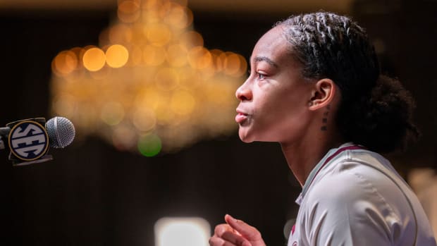 Mississippi State Bulldogs guard JerKaila Jordan talks with the media during the SEC Basketball Tipoff at Grand Bohemian Hotel Mountain Brook.