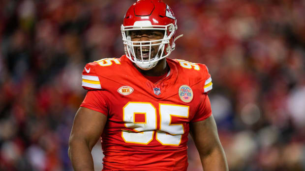 Dec 10, 2023; Kansas City, Missouri, USA; Kansas City Chiefs defensive tackle Chris Jones (95) reacts during the second half against the Buffalo Bills at GEHA Field at Arrowhead Stadium. Mandatory Credit: Jay Biggerstaff-USA TODAY Sports  