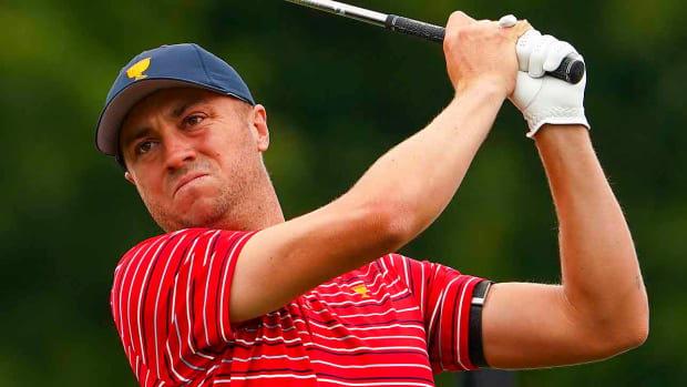 Justin Thomas watches a shot at the 2022 Presidents Cup.