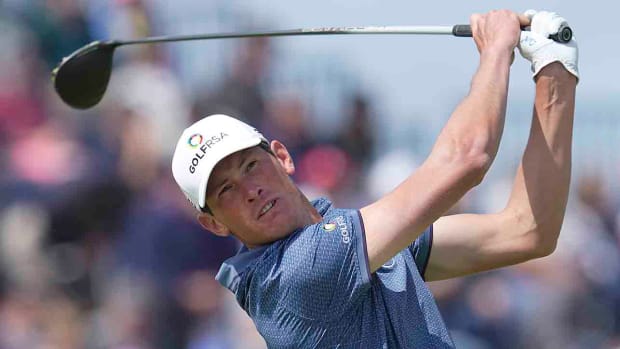 South African amateur Christo Lamprecht plays his tee shot on the 4th hole during the second round of the 2023 British Open.