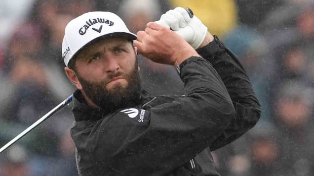 Jon Rahm plays his shot from the fourth tee during the final round of the 2023 British Open.
