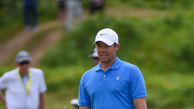 Rory McIlroy, surveying the 2nd green at Royal Portrush
