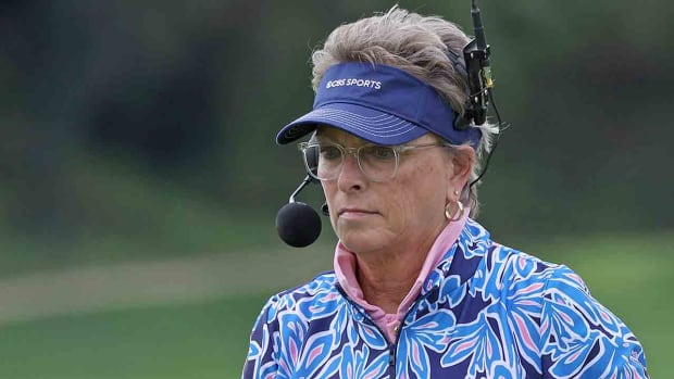 Golf broadcaster Dottie Pepper looks on from the eighth hole during the third round of the 2023 Genesis Invitational at Riviera Country Club in Pacific Palisades, Calif.