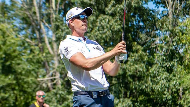 Henrik Stenson watches a tee shot during the second round of the LIV Golf Invitational at Bedminster.